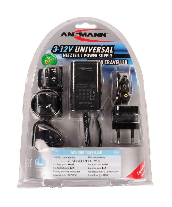 APS300 5311103 ANSMANN NETADAPTER UNIVERSEEL 3-12V, 600MA, EUP-KONFORM