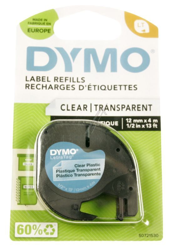 S0721530 SCHRIJFTAPE ZWART OP TRANSPARANT 12MM/ 4M DYMO PLASTIC TAPE LETRA-TAG