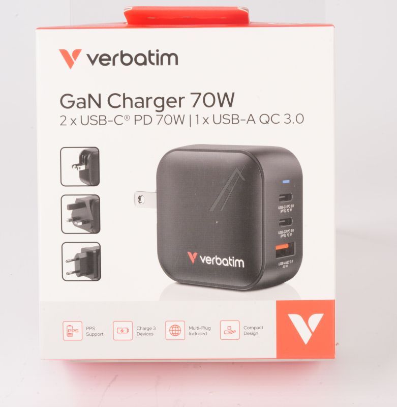 32229 GAN LADER 70W 2X USB-C, 1X USB-A, PD, QC, PPS, MINI